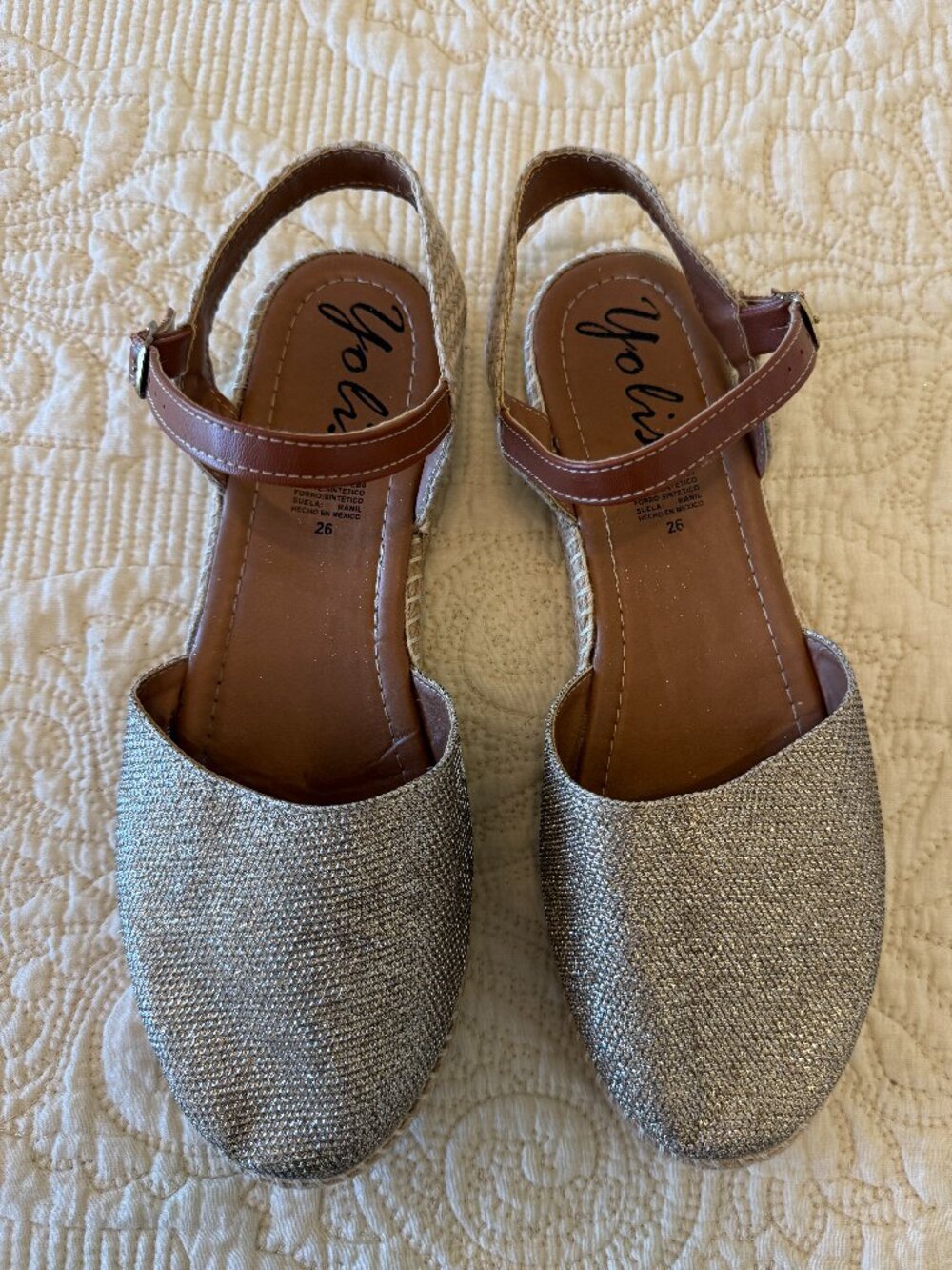 YOLIS silver gold knit espadrille ankle strap flats. Size 9